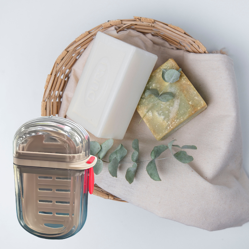 GlideHold® SoapHolder 1+1 GRATIS: Premium Bärbar Resetvålhållare med Dräneringsbricka